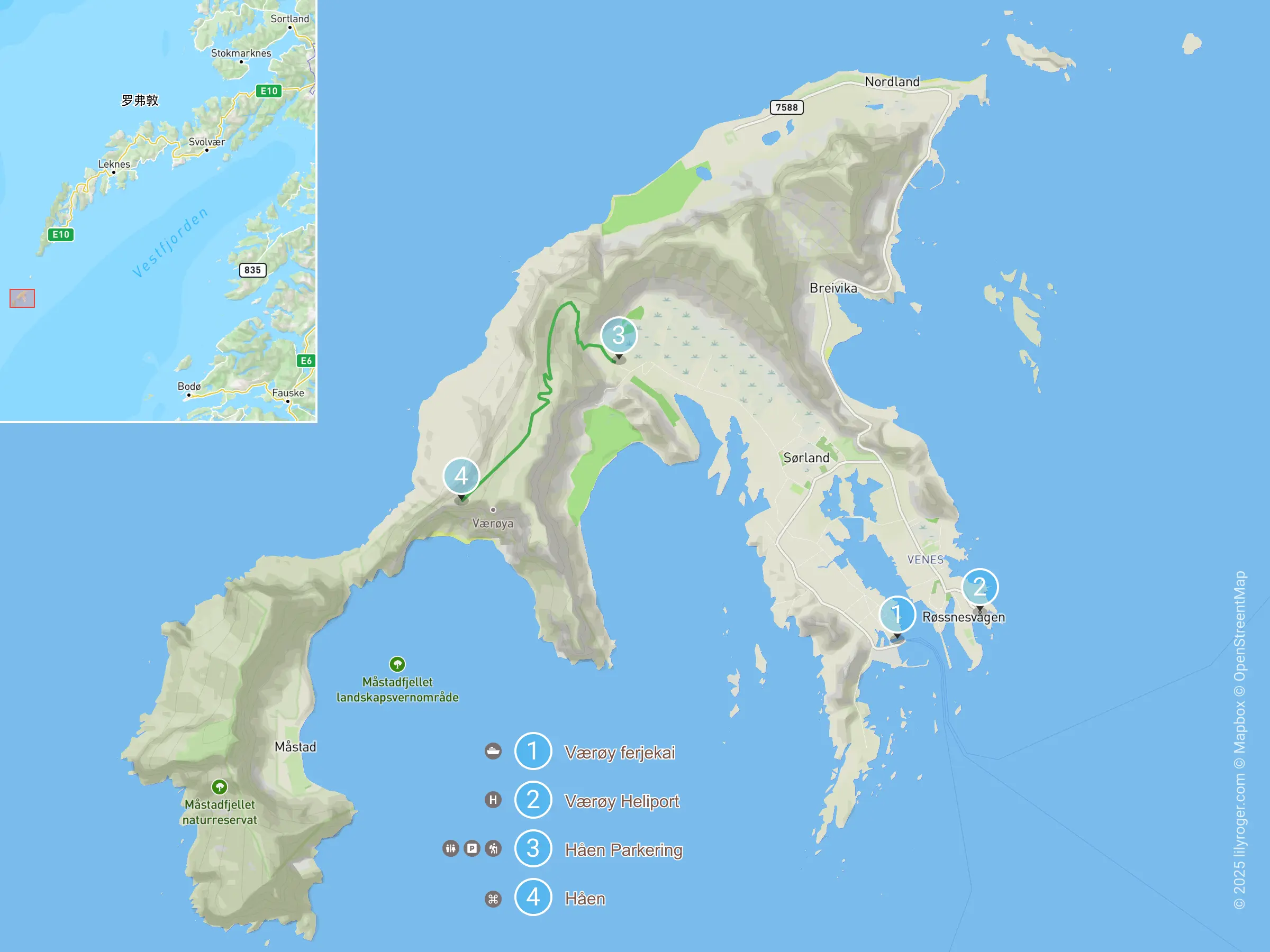 瓦罗伊岛 (Værøy) 的鲨鱼高地和鲨鱼峰 (Håheia and Håen) 徒步地图