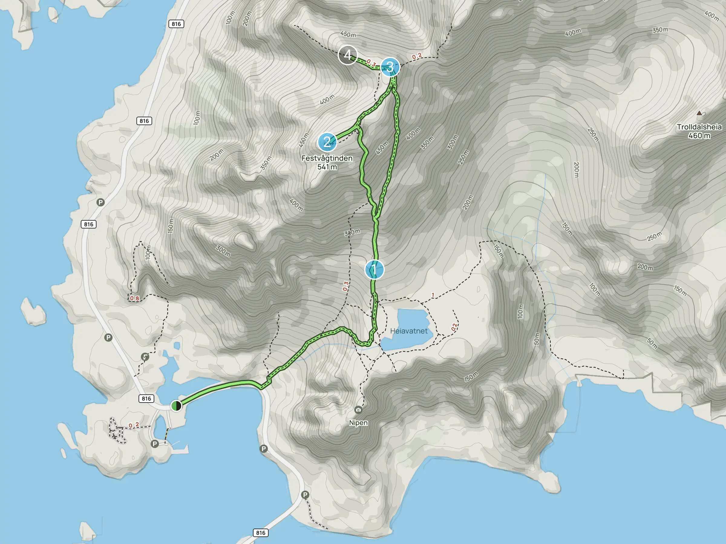 Festvågtind 徒步路线图