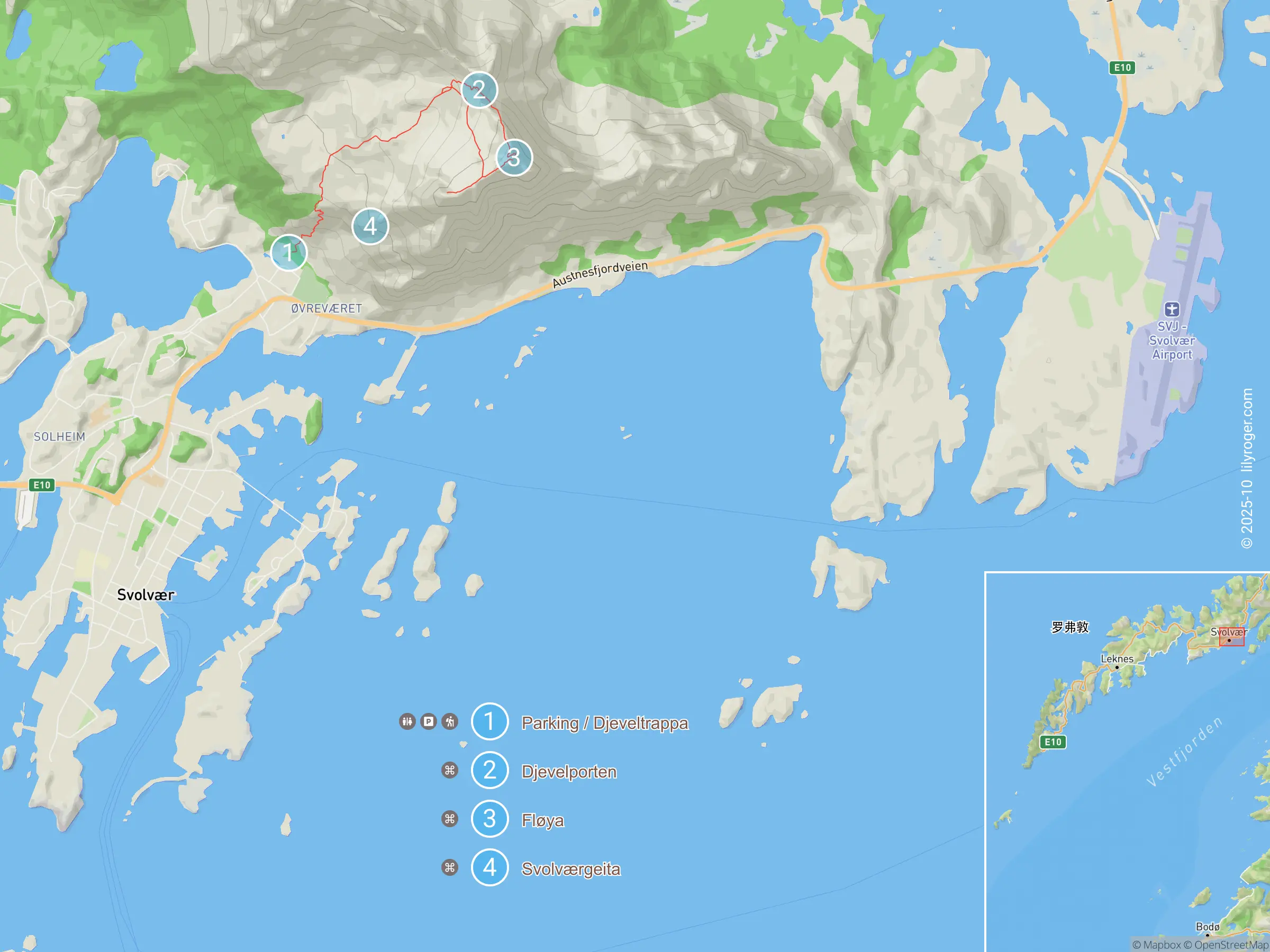 位于斯沃尔韦尔 (Svolvær) 的弗洛亚和魔鬼之门 (Fløya and Djevelporten) 的地图