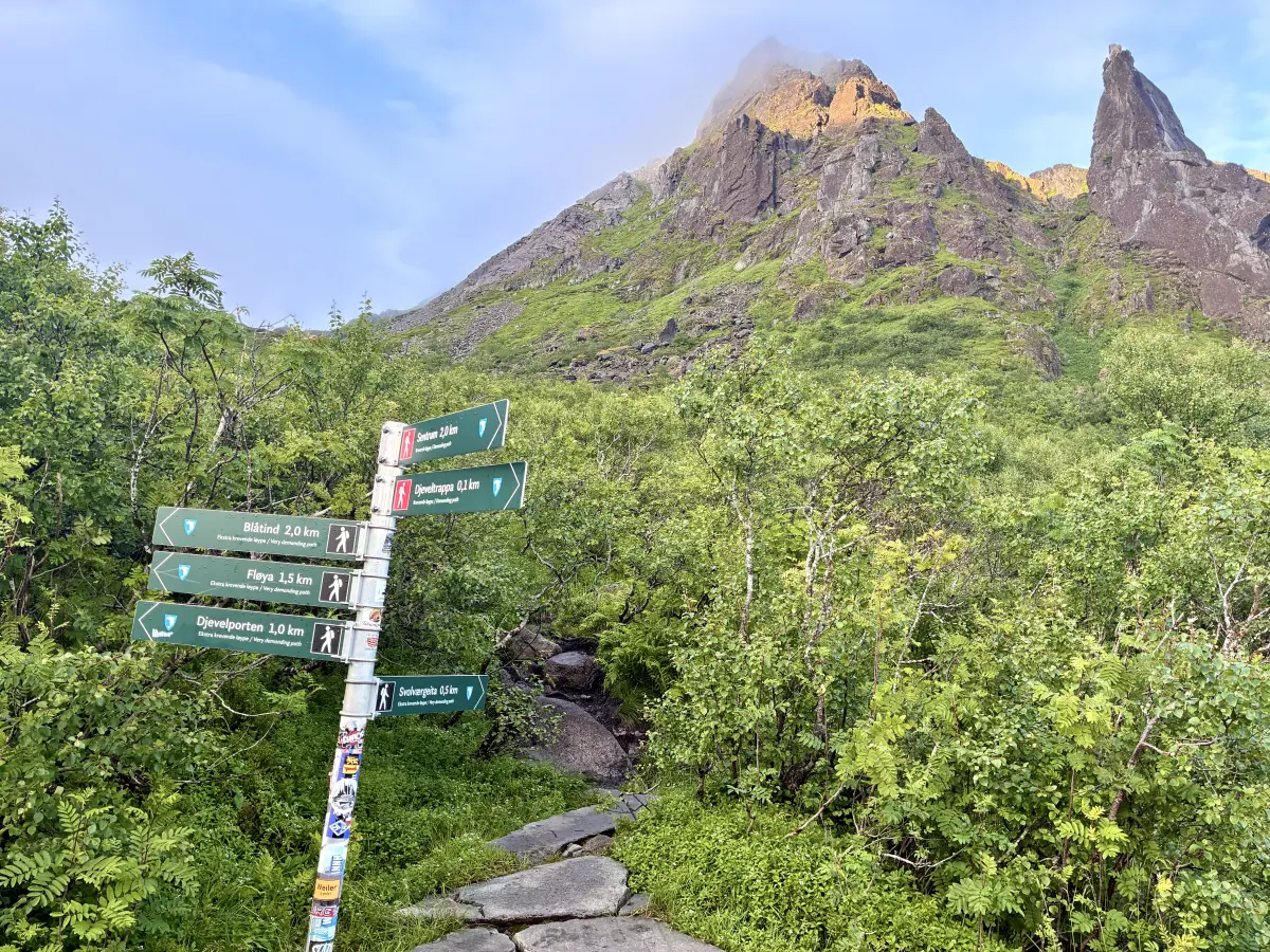 魔鬼之门 (Djevelporten) 和斯沃尔维尔山羊峰 (Svolværgeita) 步道的三岔路口