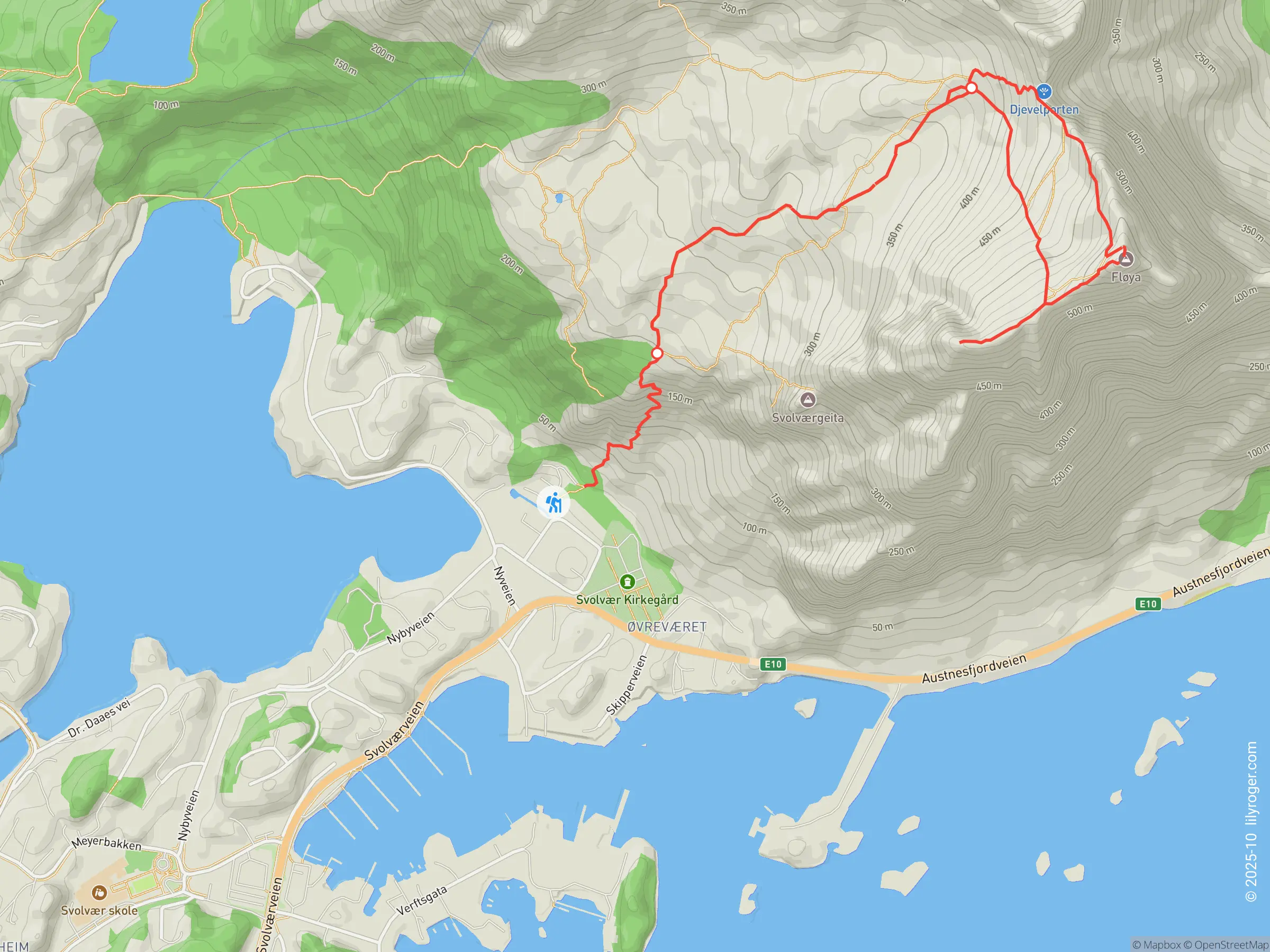 弗洛亚和魔鬼之门 (Fløya and Djevelporten) 的徒步路线图