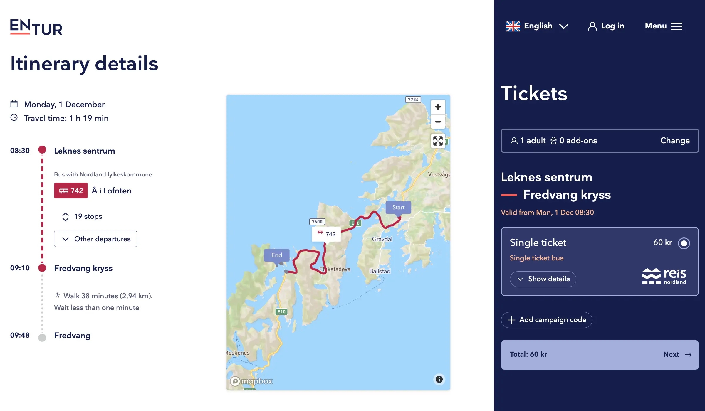 前往 Ryten 山和 Kvalvika 海滩的公交车行程