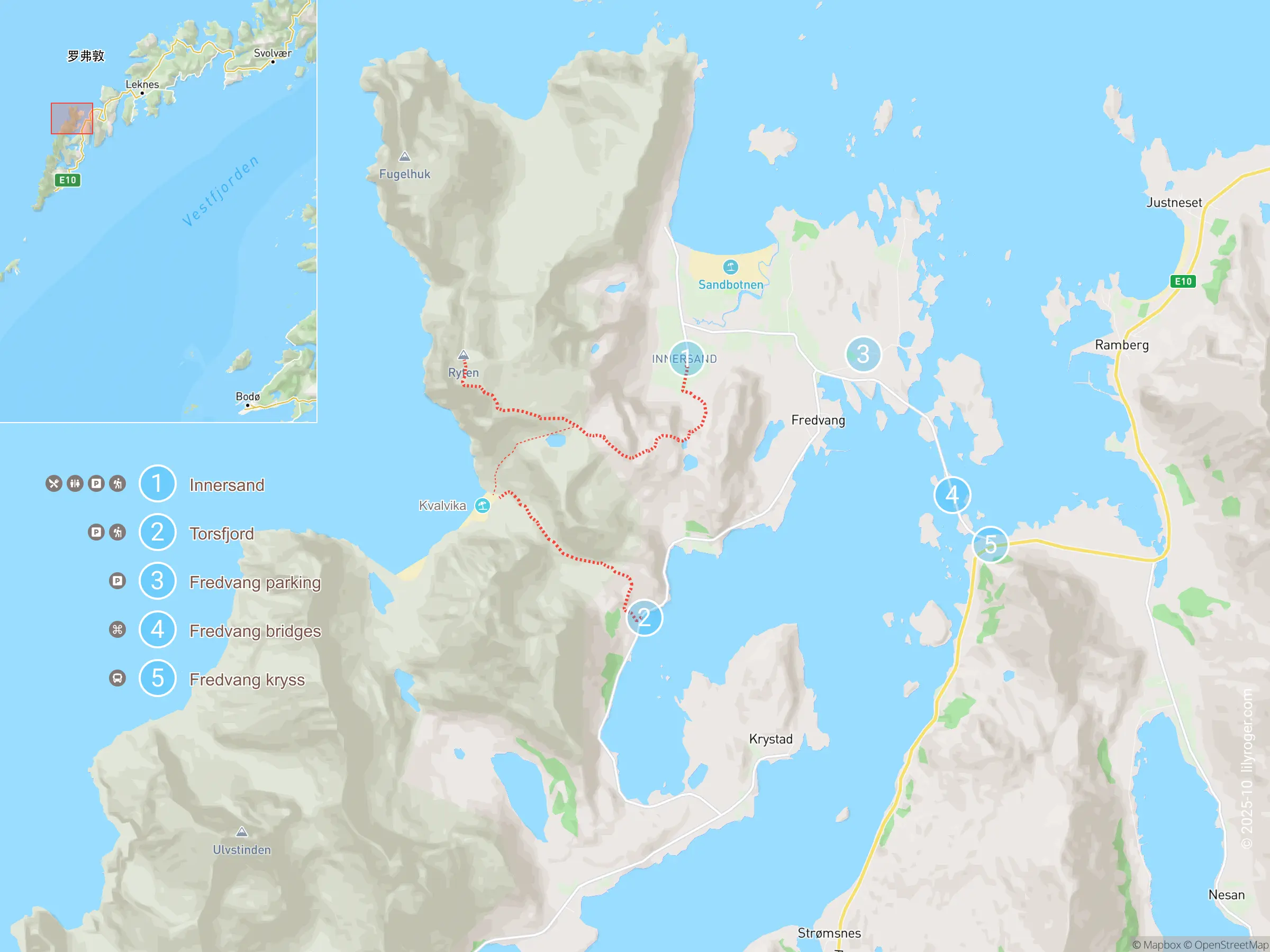位于 Lofotodden 国家公园内的 Ryten 山和 Kvalvika 海滩的地图